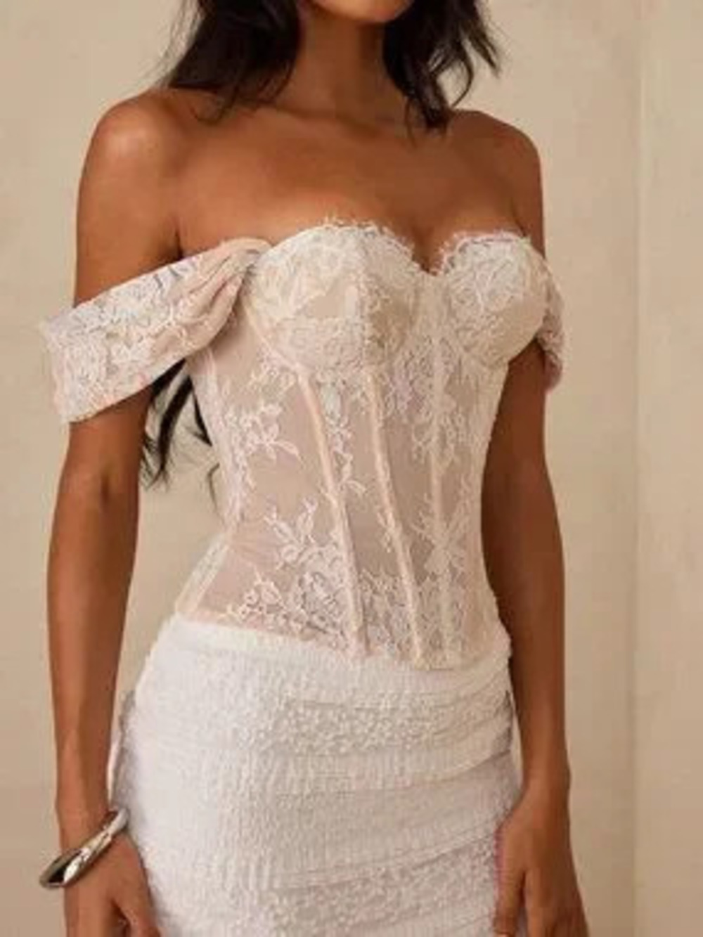 Khaki Elegant Women's Off-Shoulder Lace Sexy Top